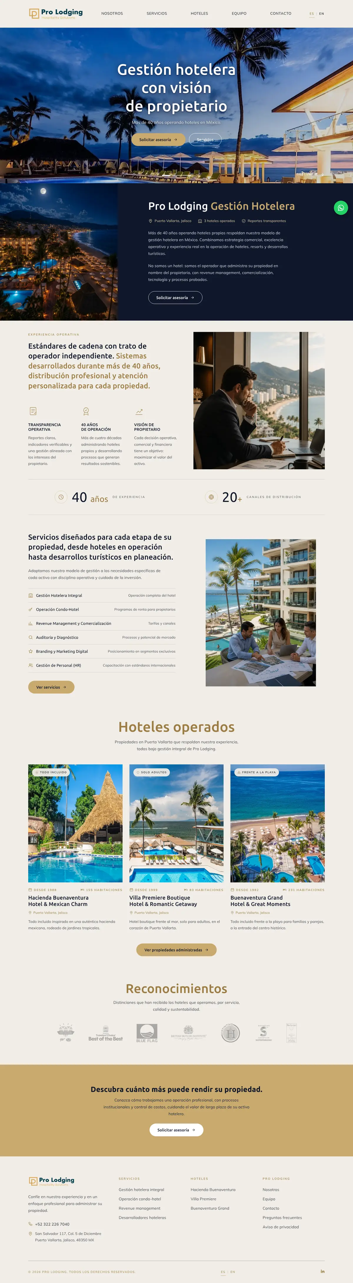 Pro Lodging: página Inicio